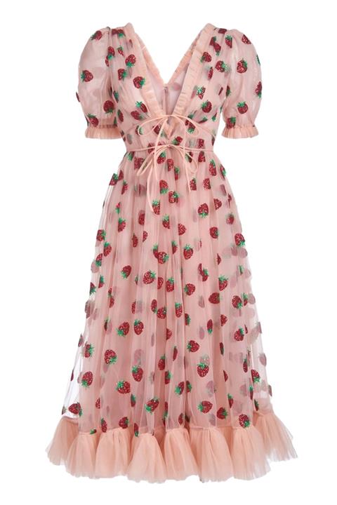 nish for you Kadın Çilek Detay Midi Tasarım Elbise