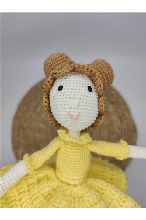Betül Optik Amigurumi Sarı Balerin Elbiseli Organik Örgü Oyuncak Orta Boy Kız Bebek