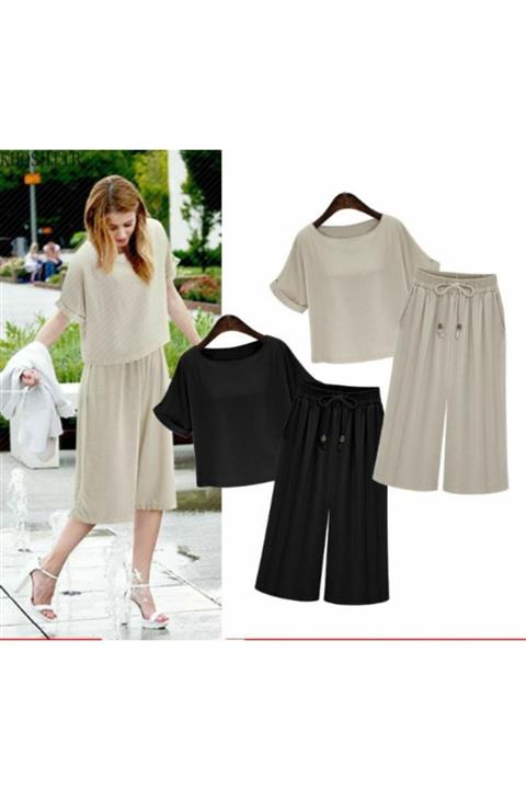Arya Moda Ayrobin Kumaş Duble Kol Bluz Kapri Ikili Takım