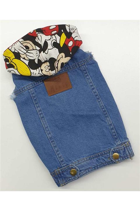 MİNİŞ PET BUTİK Mıckey Mouse Mavi Kapşonlu Kot Yelek Köpek Kıyafeti