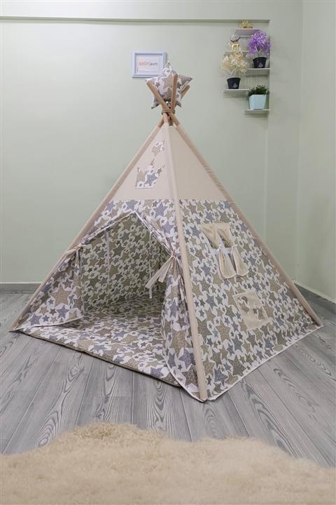Henna Prime Sabitlenebilir Çocuk Oyun Çadırı Gri Hardal Yıldızlar