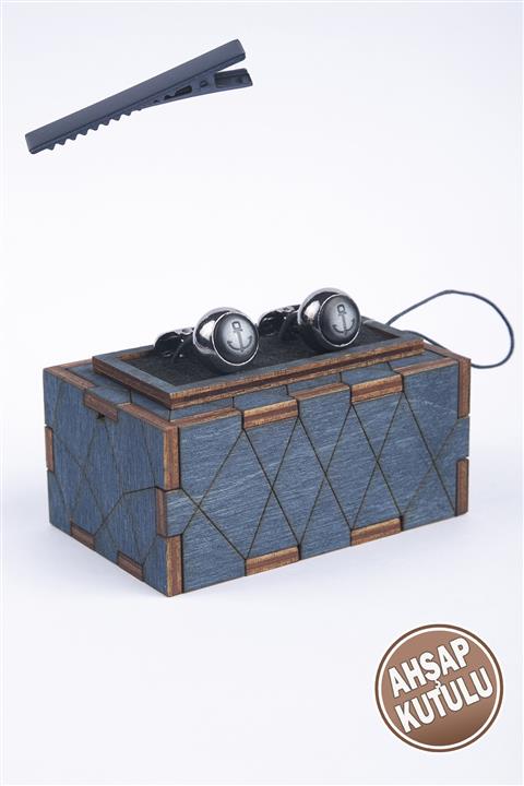 BAYEFENDİ Ahşap Kutulu Gümüş Rengi Çapa Işlemeli Kaptan Kol Düğmesi Nkka82