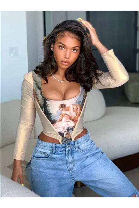 HERA BELLA Vintage Yağlı Boya Baskı Esnek Crop Top