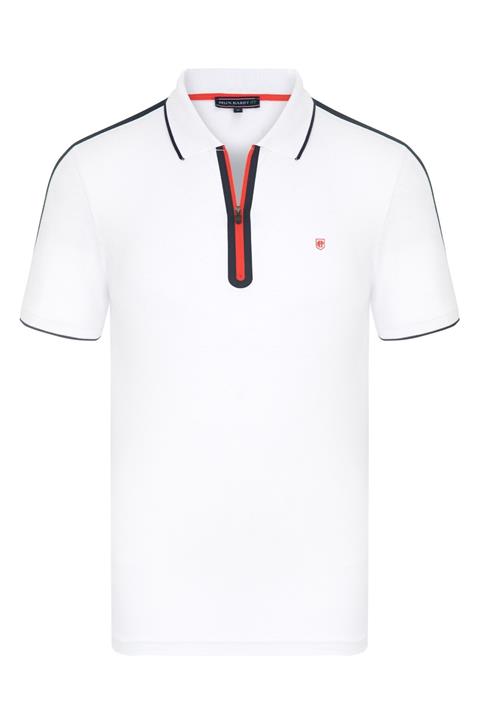 Felix Hardy Regular Fit, Beyaz, Yakası Ve Ribanası Lacivert-kırmızı Çizgili, Fermuarlı, Kısa Kollu Polo T-shirt