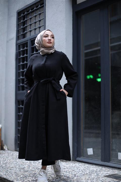 Rascomoda Kadın Siyah Gizli Düğmeli Astarsız Mevsimlik Pardesü