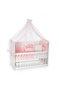 Heyner Ahşap Beşik Anne Yanı Beşik Sallanır Beşik Beyaz 60x120 cm + Pembe Prenses Uyku Seti + Yatak