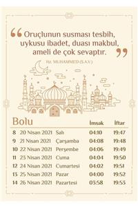 Yaprak Hediyelik Bolu Için 2021 Ramazan Imsakiyesi