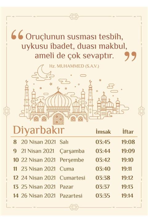 Yaprak Hediyelik Diyarbakır İçin 2021 Ramazan İmsakiyesi