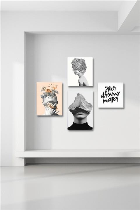 NT Handmade 4'lü Ahşap Tablo Seti - Your Dreams Matter Salon Oturma Yatak Odası Için Mdf Duvar Dekoru 55x45 Cm