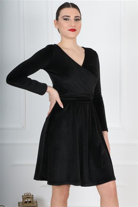 CİDDE Kemerli Siyah Kadife Elbise