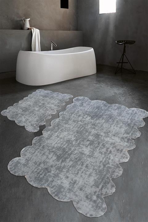 Balat Halı Lazer Kesim Desenli Açık Gri Peluş Banyo Paspası 2'li