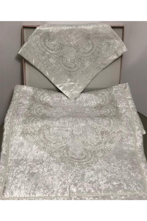 BULUT HOME Fransız Güpür Kadife Seccade Takımı Bohça Seccade Seti Ekru