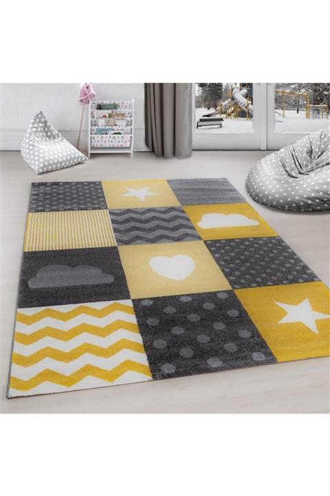 AYYILDIZ Çocuk Odası Halısı Kareli Yıldız Kalp Bulut Desenli Gri Sarı Beyaz