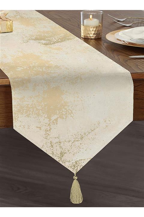 Realhomes Renkli Zemin Üzerinde Soyut Mermer Desenli Dijital Baskılı Özel Tasarım Püsküllü Şönil Üçgen Runner