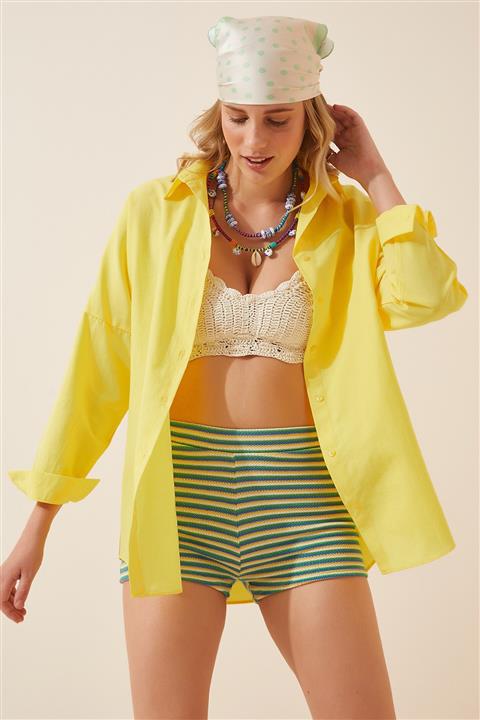 Happiness İst. Kadın Sarı Oversize Uzun Basic Gömlek  DD00842