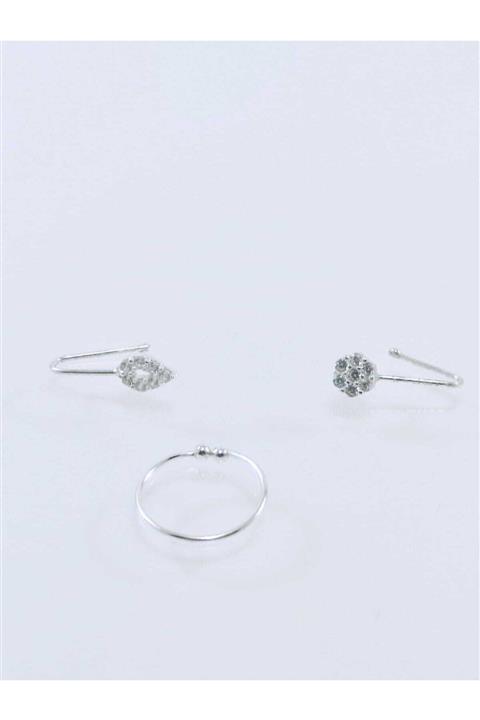 Takıparkxs Delik Olmadan Takılabilen Sıkıştırma 925 Ayar Gümüş Üçlü Hızma Set