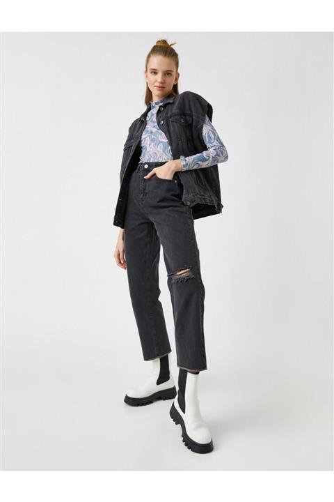 Koton Yüksek Bel Dizi Yırtık Kot Pantolon - Straight Jean