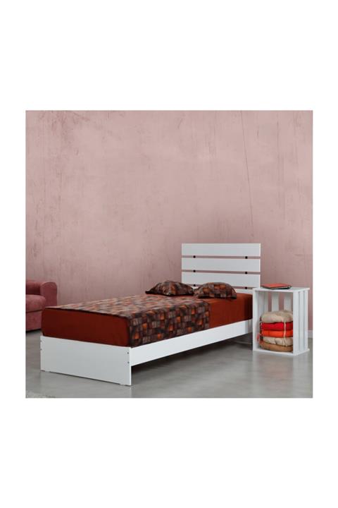 PASİFİC HOME Huga Tek Kişilik Beyaz Ahşap Karyola Komodin Takım 90lk /90x200 Başlık+ Karyola+ Komodin/beyaz