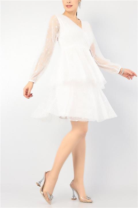 Md1 Collection Kadın Beyaz Flok Baskı Kat Kat Tül Detay Abiye Elbise 86308
