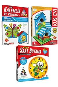 Redka/KumToys Kumtoys 3'lü Ahşap Maket Boyama Seti-kalemlik Ve Kumbara&kuş Evi&saat Boyama