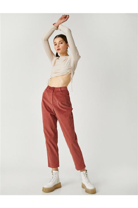 Koton Kadın Bordo Pamuk Fitilli Kadife Yüksek Bel Mom Fit Jeans