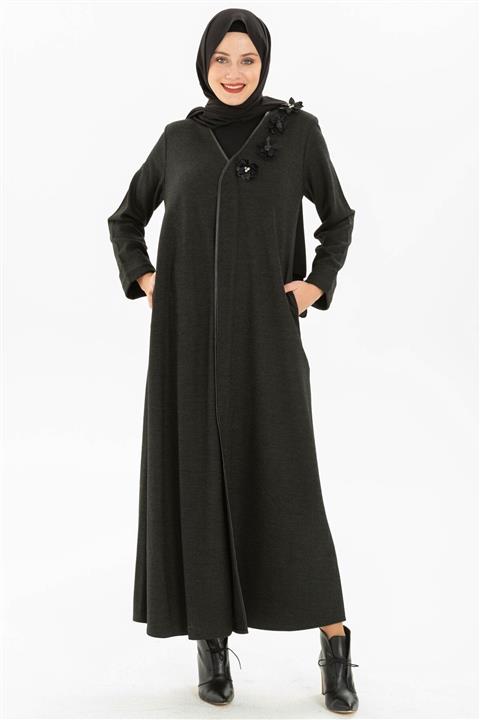 Beyza Gül Motifli Tesettür Haki Kışlık Abaya 3116