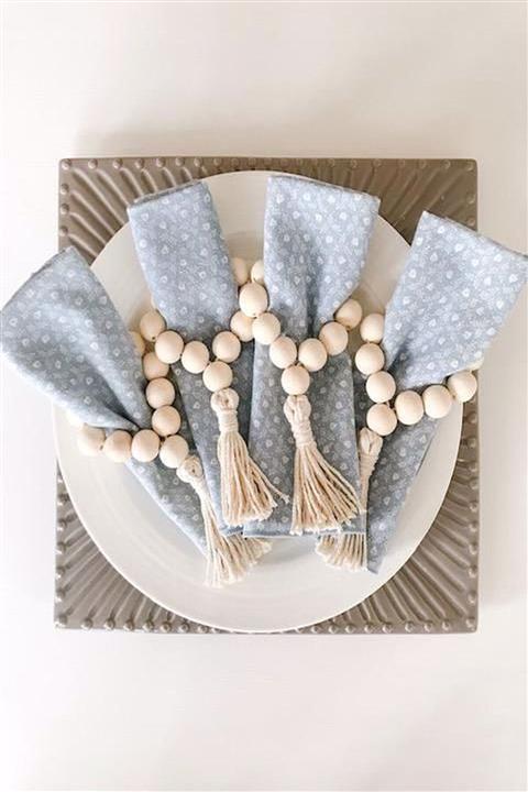 ESanat Evi 12 Adet Handmade Püsküllü Ahşap Boncuklu Peçete Yüzüğü