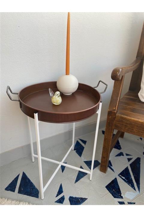 Handmadesign Bakır Yuvarlak Tepsi Sehpa Katlanabilir (bakır Tepsi- Beyaz Ayak)