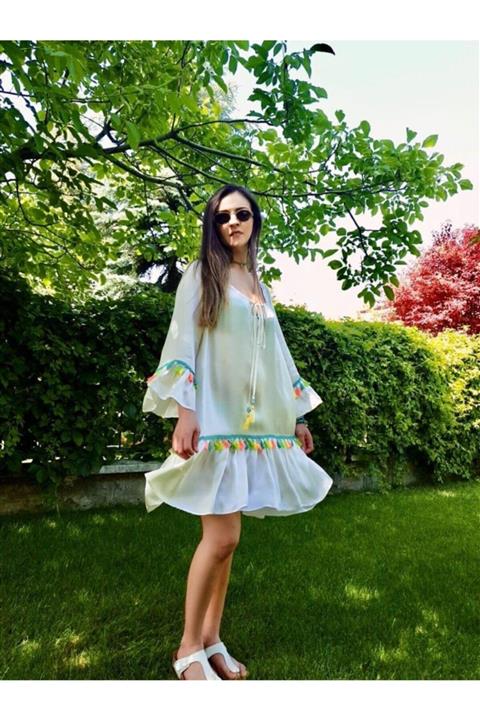 NO37 Kadın Ekru Pamuk Plaj Elbisesi