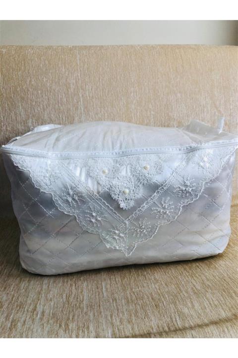 Işık Tekstil Kazak/havlu Hurcu Incili Saten Çeyizlik Beyaz Rengi 2 Adet 52x28x21 Ölç.