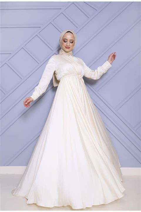 Şule Giyim Şal Yaka Saten Abiye Beyaz