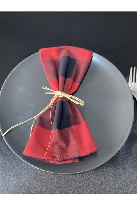 pistore 4'lü Kırmızı Siyah Organik Kumaş Servis Sunum Peçetesi Yılbaşı Konsepti