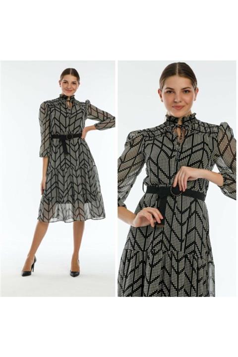 Masspera Kadın Gri Puantiyeli Kemerli Astarlı Midi Şifon Elbise