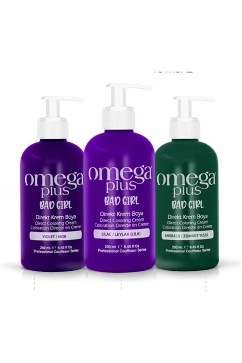 Omega Plus Bad Girl Violet, Lila, Zümrüt Yeşili Renkli 3lü Saç Boyası Seti 250ml+250ml+250ml