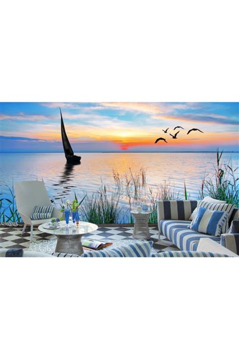 Decoratica 3 Boyutlu Deniz Ve Batan Güneş Manzaralı Duvar Kağıdı