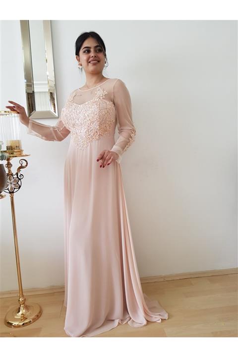 FERGAN Kadın Pudra Şifon Büyük Beden Abiye Elbise