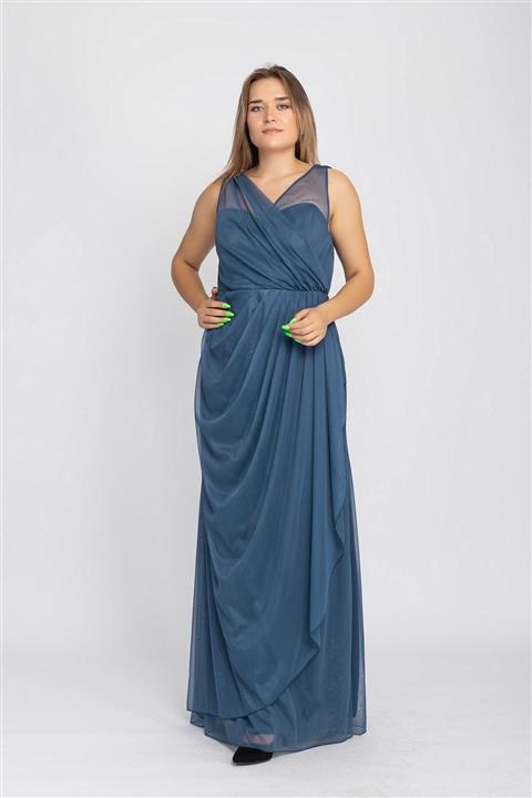 DORİDORCA 3094 Büyükbeden Eteği Drapeli Uzun Abiye Elbise
