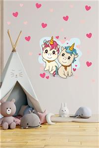 BK Decor Sevimli Unicornlar Ve Kalpler Çocuk Odası Duvar Sticker