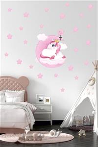 BK Decor Pembe Ay Üzerinde Uyuyan Sevimli Unicorn Çocuk Odası Duvar Sticker