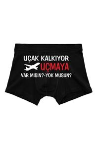 BoxerMasters Erkek Siyah Ucak Kalkıyor Baskılı Boxer