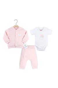 Ciccim Baby Kelebek Üçlü Pembe Kız Takım Yeni Doğan Takım Hırka Body Pantolon 1-3-6 Aylık U4588