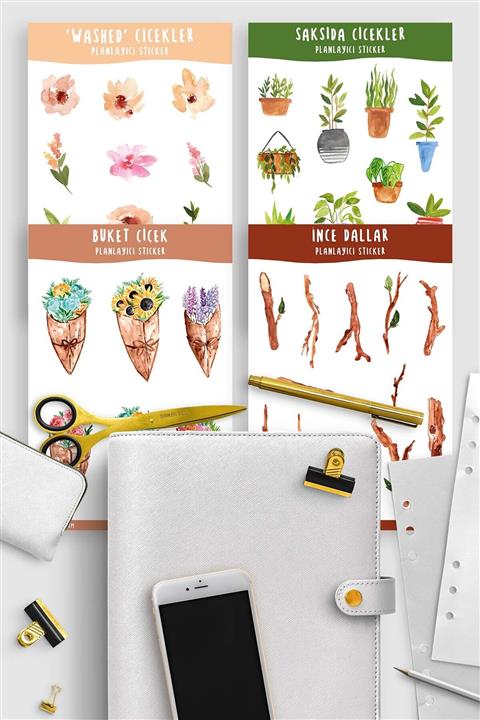 Sticker Cat Çiçekler Ve Dallar Sticker Seti 4 Adet Planlayıcı Ve Bullet Journal Çıkartma