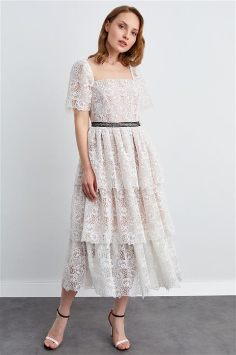 adL Kadın Beyaz Kare Yaka Mini Kat Kat Elbise