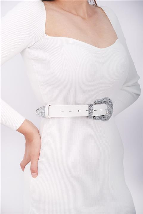 time kemer Gümüş Desen Takım Tokalı Beyaz Deri Kemer