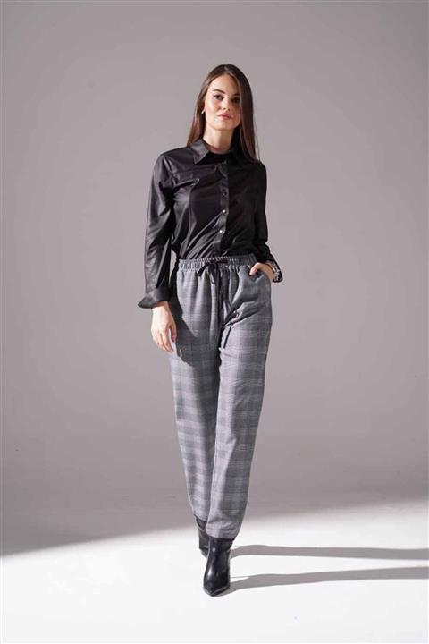 Mizalle Beli Bağcıklı Ekose Pantolon (Lacivert)