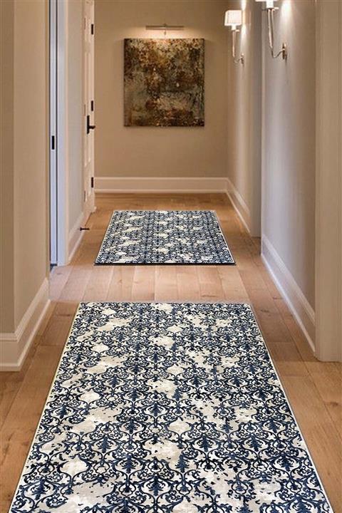 ISM - Kaymaz Taban Yıkanabilir Kesme Yolluk Halı - Mavi - Overloklu - 80-100-120-150-200-300cm En