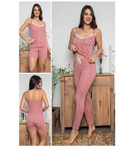 MyBen Kadın Pembe Renkli Dantel Detaylı Şortlu Ve Taytlı Pijama Takımı 3'lü Set 75012