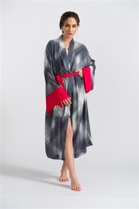 HOELO Gri Batik Uzun Kimono