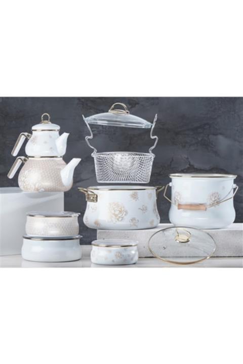ACAR Qualita Moda Desenli Emaye Çeyiz Seti Tencere Çaydanlık Saklama Kabı Bakraç