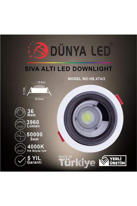 DÜNYA LED Hs.474 2 36 w Led Downlıght Siyah İç 4000 k Ilık Beyaz Işık